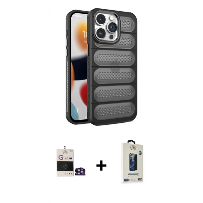MARSİLYAN™- iPhone 14 Pro Max Kılıf Yadigar Doku Özel Seri - Siyah Bilvis Hayalet Cam Ekran Koruyucu + Bilvis Titan Kamera Lens - GS
