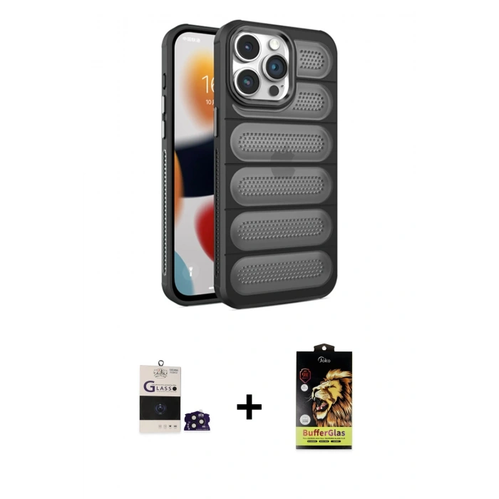 MARSİLYAN™- iPhone 14 Pro Max Kılıf Yadigar Doku Özel Seri - Siyah Buffer Cam Ekran Koruyucu + Derin Mor Bilvis Titan Kamera Lens