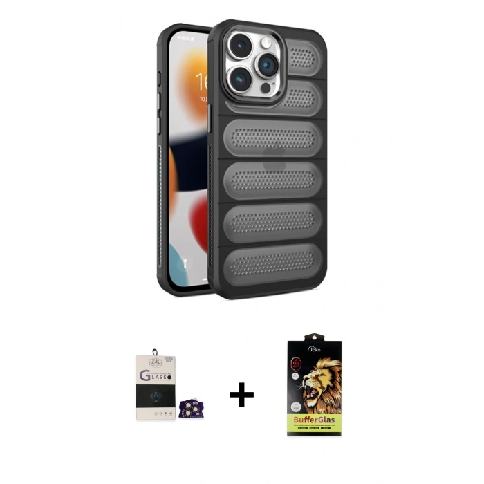 MARSİLYAN™- iPhone 14 Pro Max Kılıf Yadigar Doku Özel Seri - Siyah Buffer Cam Ekran Koruyucu + Gold Bilvis Titan Kamera Lens