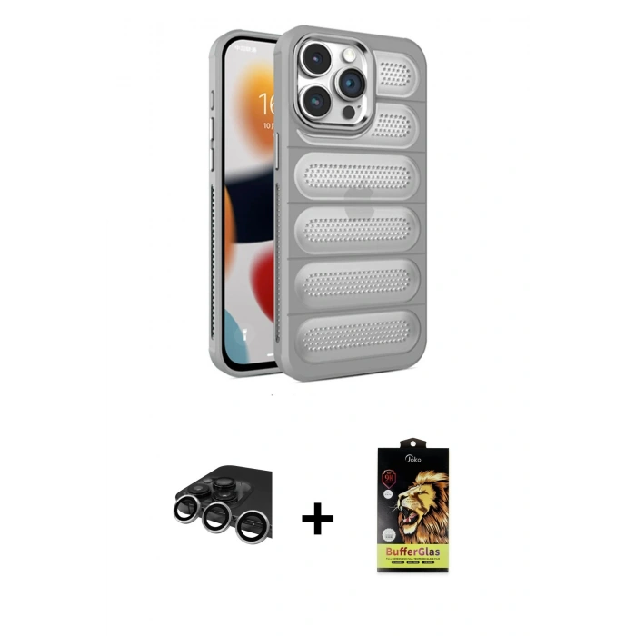 MARSİLYAN™- iPhone 14 Pro Max Kılıf Yadigar Doku Özel Seri - Siyah Buffer Cam Ekran Koruyucu + Gümüş Raze Metal Kamera Lens