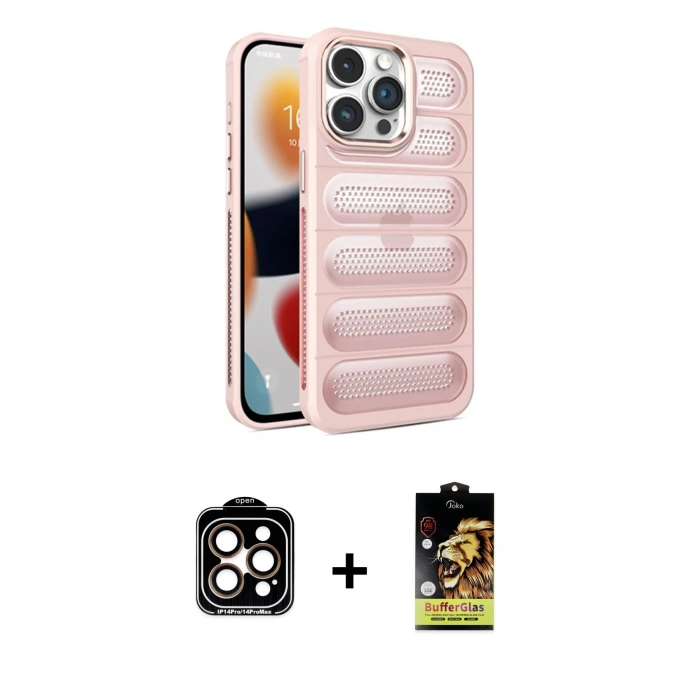 MARSİLYAN™- iPhone 14 Pro Max Kılıf Yadigar Doku Özel Seri - Siyah Buffer Cam Ekran Koruyucu + PVD Metal Kamera Lens - TU