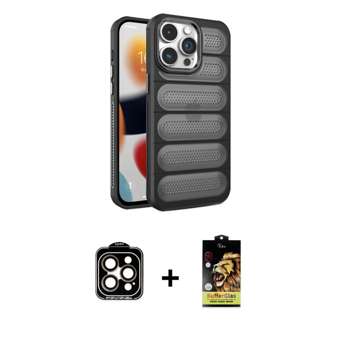 MARSİLYAN™- iPhone 14 Pro Max Kılıf Yadigar Doku Özel Seri - Siyah Buffer Cam Ekran Koruyucu + PVD Metal Kamera Lens - TU