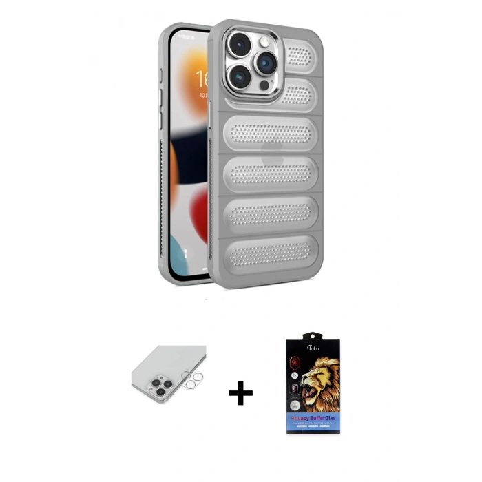 MARSİLYAN™- iPhone 14 Pro Max Kılıf Yadigar Doku Özel Seri - Siyah Buffer Hayalet Cam Ekran Koruyucu + Band Metal Kamera Lens - GS