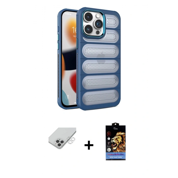 MARSİLYAN™- iPhone 14 Pro Max Kılıf Yadigar Doku Özel Seri - Siyah Buffer Hayalet Cam Ekran Koruyucu + Band Metal Kamera Lens - GS