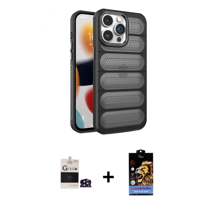 MARSİLYAN™- iPhone 14 Pro Max Kılıf Yadigar Doku Özel Seri - Siyah Buffer Hayalet Cam Ekran Koruyucu + Derin Mor Bilvis Titan Kamera Lens
