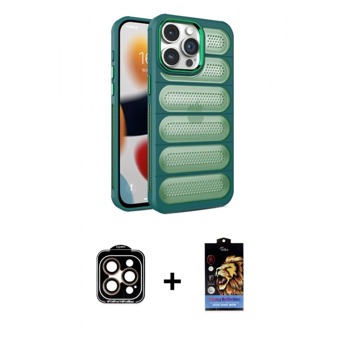 MARSİLYAN™- iPhone 14 Pro Max Kılıf Yadigar Doku Özel Seri - Siyah Buffer Hayalet Cam Ekran Koruyucu + PVD Metal Kamera Lens - TU