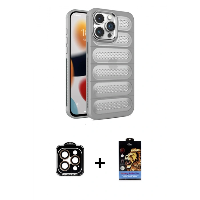 MARSİLYAN™- iPhone 14 Pro Max Kılıf Yadigar Doku Özel Seri - Siyah Buffer Hayalet Cam Ekran Koruyucu + PVD Metal Kamera Lens - TU