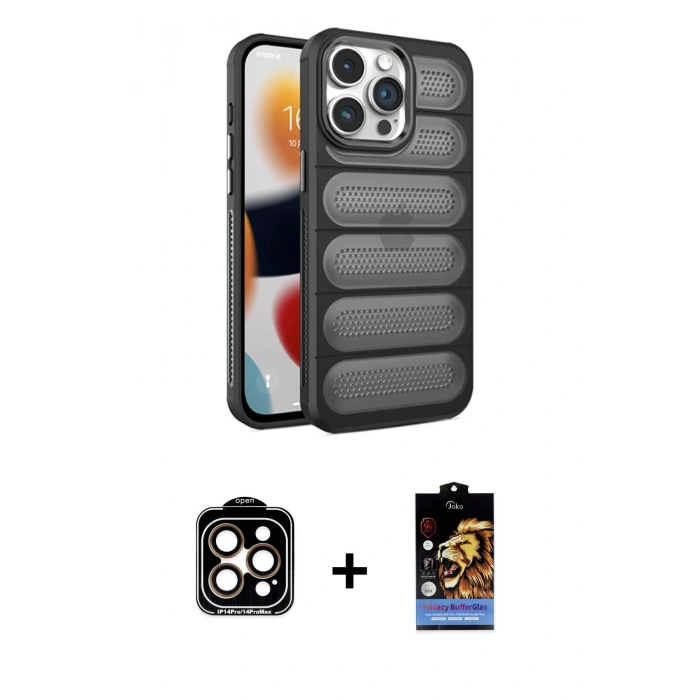 MARSİLYAN™- iPhone 14 Pro Max Kılıf Yadigar Doku Özel Seri - Siyah Buffer Hayalet Cam Ekran Koruyucu + PVD Metal Kamera Lens - TU