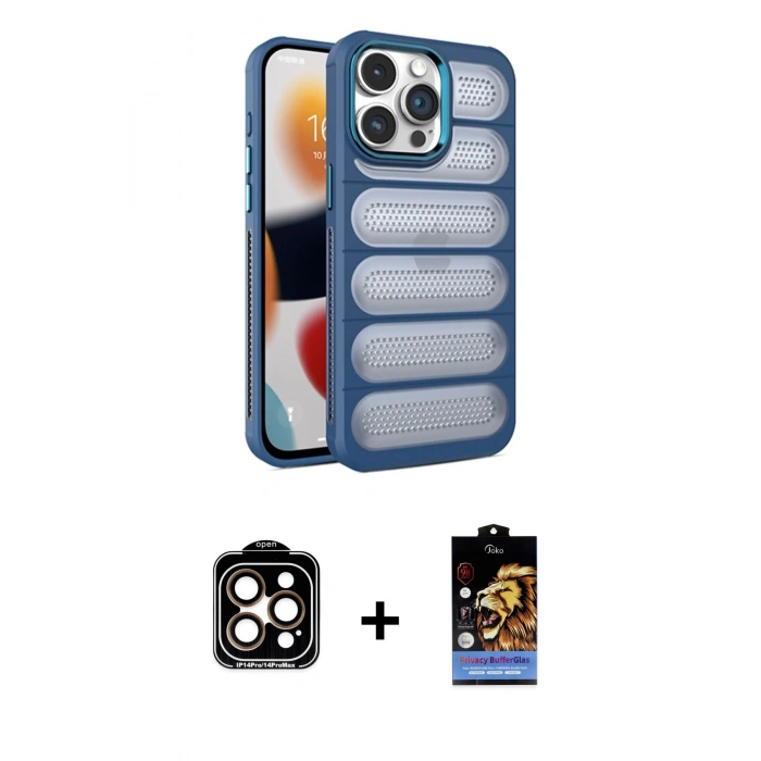 MARSİLYAN™- iPhone 14 Pro Max Kılıf Yadigar Doku Özel Seri - Siyah Buffer Hayalet Cam Ekran Koruyucu + PVD Metal Kamera Lens - TU