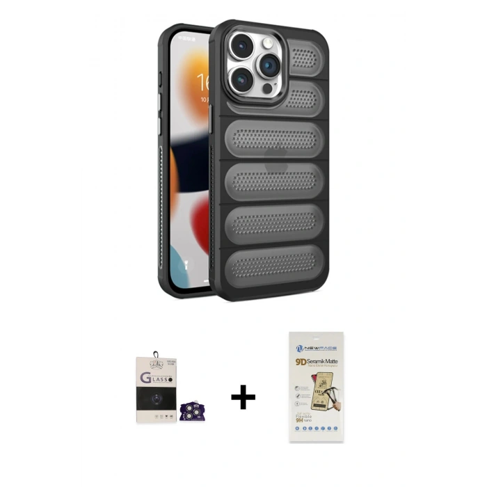 MARSİLYAN™- iPhone 14 Pro Max Kılıf Yadigar Doku Özel Seri - Siyah Mat Seramik Nano Ekran Koruyucu + Bilvis Titan Kamera Lens - GS