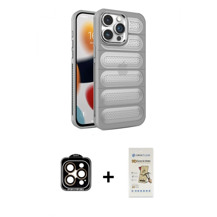 MARSİLYAN™- iPhone 14 Pro Max Kılıf Yadigar Doku Özel Seri - Siyah Mat Seramik Nano Ekran Koruyucu + PVD Metal Kamera Lens - TU