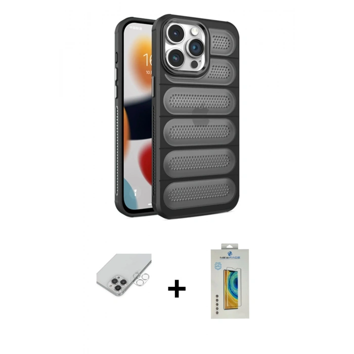 MARSİLYAN™- iPhone 14 Pro Max Kılıf Yadigar Doku Özel Seri - Siyah Polymer Nano Ekran Koruyucu + Band Metal Kamera Lens - GS