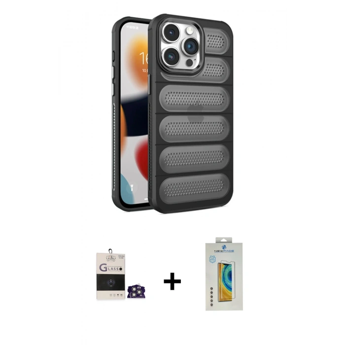 MARSİLYAN™- iPhone 14 Pro Max Kılıf Yadigar Doku Özel Seri - Siyah Polymer Nano Ekran Koruyucu + Bilvis Titan Kamera Lens - GS