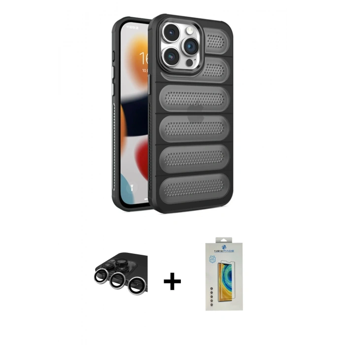 MARSİLYAN™- iPhone 14 Pro Max Kılıf Yadigar Doku Özel Seri - Siyah Polymer Nano Ekran Koruyucu + Raze Metal Kamera Lens - GS