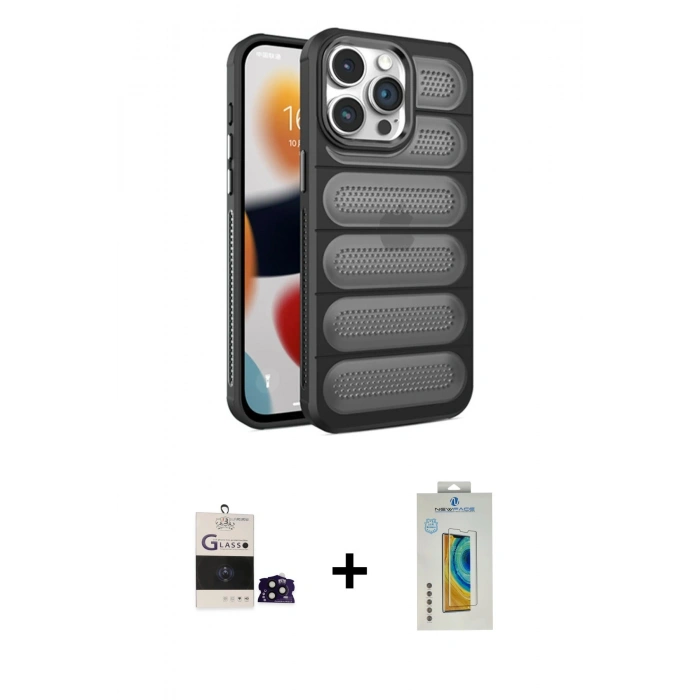 MARSİLYAN™- iPhone 14 Pro Max Kılıf Yadigar Doku Özel Seri - Siyah Polymer Nano Ekran Koruyucu + Bilvis Titan Kamera Lens - SH