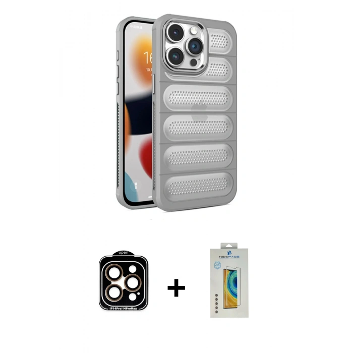 MARSİLYAN™- iPhone 14 Pro Max Kılıf Yadigar Doku Özel Seri - Siyah Polymer Nano Ekran Koruyucu + Turuncu PVD Metal Kamera Lens