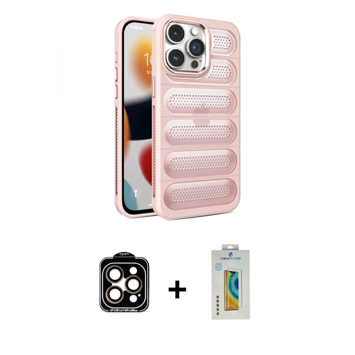 MARSİLYAN™- iPhone 14 Pro Max Kılıf Yadigar Doku Özel Seri - Siyah Polymer Nano Ekran Koruyucu + Turuncu PVD Metal Kamera Lens