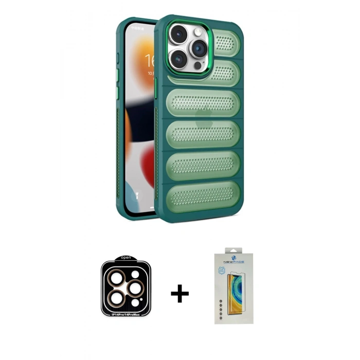 MARSİLYAN™- iPhone 14 Pro Max Kılıf Yadigar Doku Özel Seri - Siyah Polymer Nano Ekran Koruyucu + Turuncu PVD Metal Kamera Lens