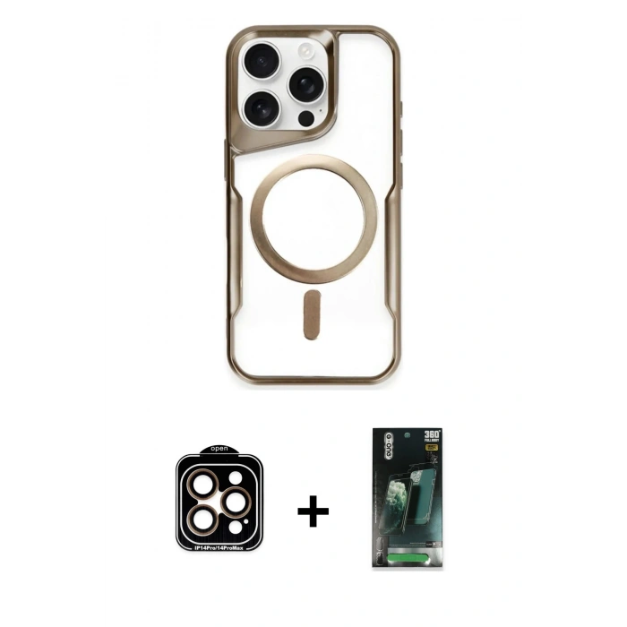 MARSİLYAN™- iPhone 14 Pro Max Kılıf Yadigar Klasik Özel Seri - Şeffaf 360 Full Body Arka Koruyucu + PVD Metal Kamera Lens - TU