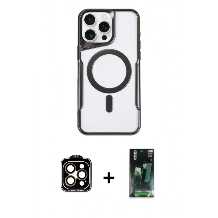 MARSİLYAN™- iPhone 14 Pro Max Kılıf Yadigar Klasik Özel Seri - Şeffaf 360 Full Body Arka Koruyucu + PVD Metal Kamera Lens - TU