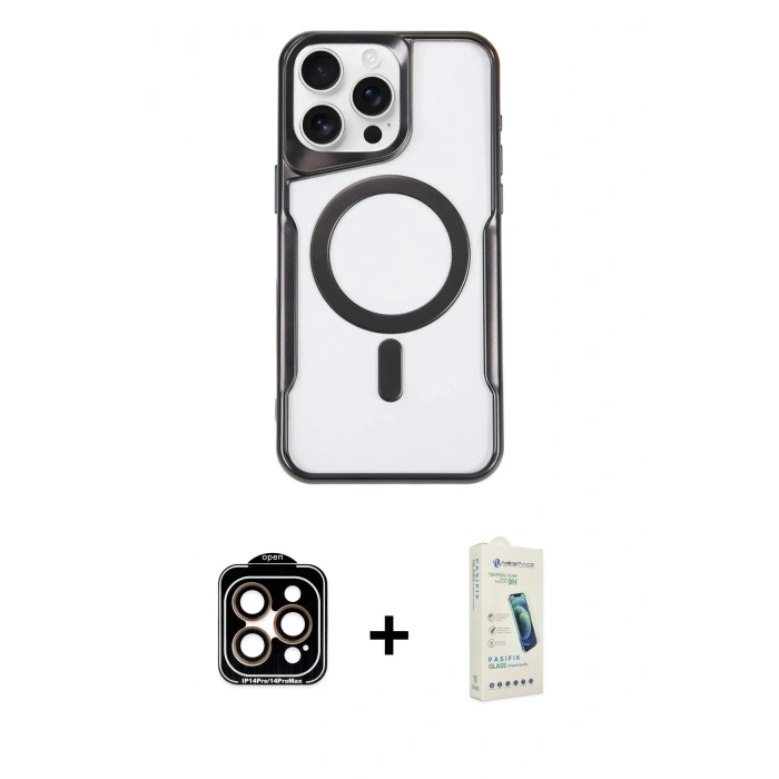 MARSİLYAN™- iPhone 14 Pro Max Kılıf Yadigar Klasik Özel Seri - Şeffaf Pasifik Cam Ekran Koruyucu + PVD Metal Kamera Lens - TU