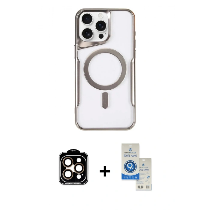 MARSİLYAN™- iPhone 14 Pro Max Kılıf Yadigar Klasik Özel Seri - Şeffaf Royal Nano Ekran Koruyucu + PVD Metal Kamera Lens - TU