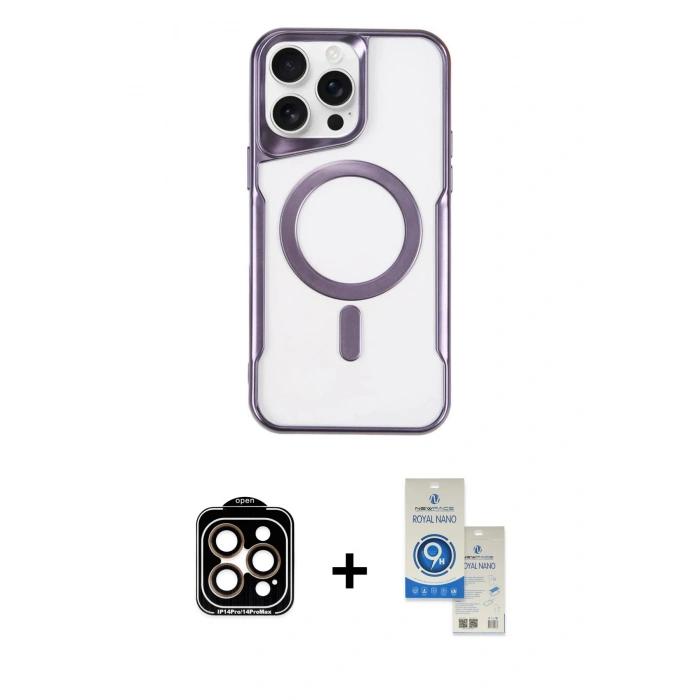 MARSİLYAN™- iPhone 14 Pro Max Kılıf Yadigar Klasik Özel Seri - Şeffaf Royal Nano Ekran Koruyucu + PVD Metal Kamera Lens - TU