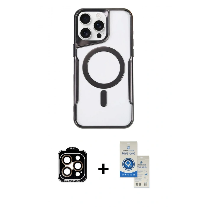 MARSİLYAN™- iPhone 14 Pro Max Kılıf Yadigar Klasik Özel Seri - Şeffaf Royal Nano Ekran Koruyucu + PVD Metal Kamera Lens - TU