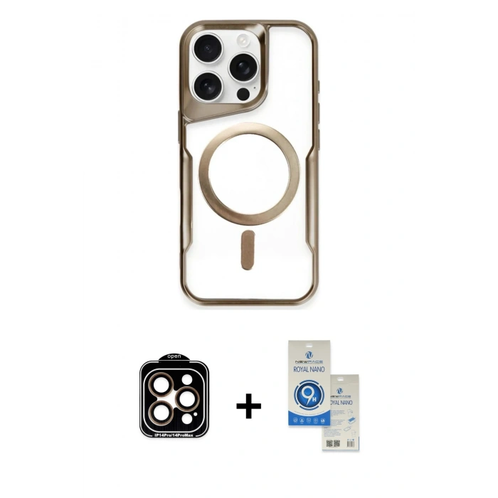 MARSİLYAN™- iPhone 14 Pro Max Kılıf Yadigar Klasik Özel Seri - Şeffaf Royal Nano Ekran Koruyucu + PVD Metal Kamera Lens - TU