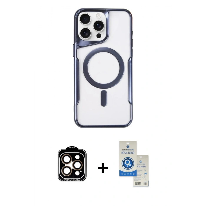 MARSİLYAN™- iPhone 14 Pro Max Kılıf Yadigar Klasik Özel Seri - Şeffaf Royal Nano Ekran Koruyucu + PVD Metal Kamera Lens - TU