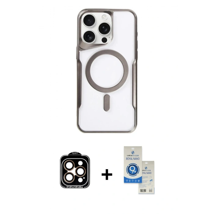MARSİLYAN™- iPhone 14 Pro Max Kılıf Yadigar Klasik Özel Seri - Şeffaf Royal Nano Ekran Koruyucu + PVD Metal Kamera Lens - TU