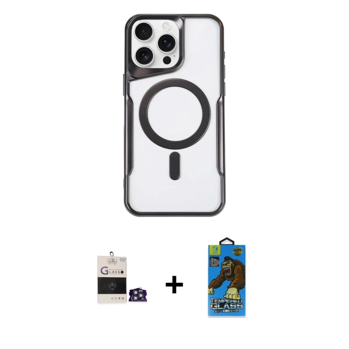MARSİLYAN™- iPhone 14 Pro Max Kılıf Yadigar Klasik Özel Seri - Siyah 18D Cam Ekran Koruyucu + Gümüş Bilvis Titan Kamera Lens