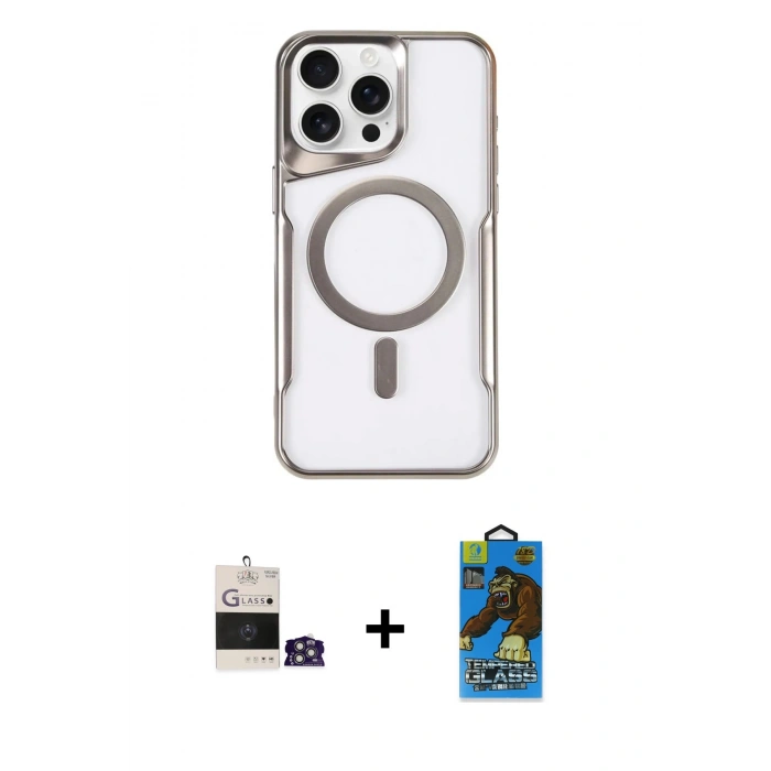 MARSİLYAN™- iPhone 14 Pro Max Kılıf Yadigar Klasik Özel Seri - Siyah 18D Cam Ekran Koruyucu + Gümüş Bilvis Titan Kamera Lens