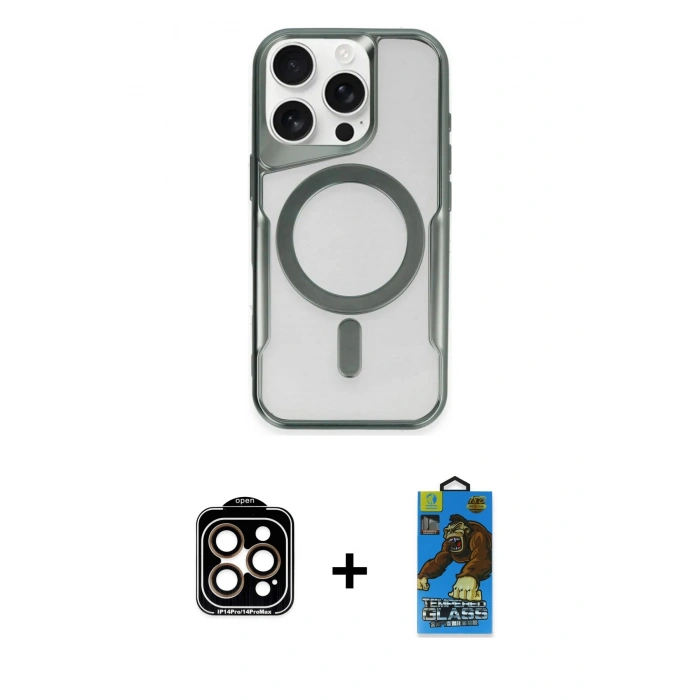 MARSİLYAN™- iPhone 14 Pro Max Kılıf Yadigar Klasik Özel Seri - Siyah 18D Cam Ekran Koruyucu + Turuncu PVD Metal Kamera Lens