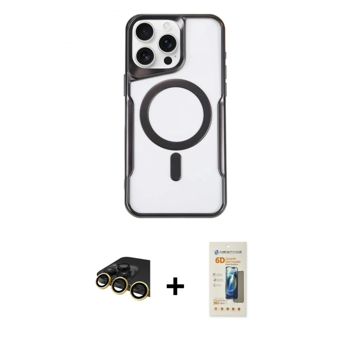 MARSİLYAN™- iPhone 14 Pro Max Kılıf Yadigar Klasik Özel Seri - Siyah 6D Mat Seramik Hayalet Nano Ekran Koruyucu + Gold Raze Metal Kamera Lens