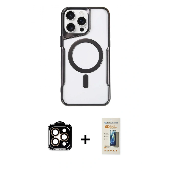 MARSİLYAN™- iPhone 14 Pro Max Kılıf Yadigar Klasik Özel Seri - Siyah 6D Mat Seramik Hayalet Nano Ekran Koruyucu + PVD Metal Kamera Lens - TU
