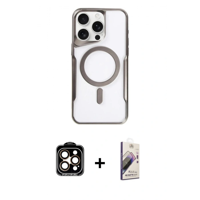 MARSİLYAN™- iPhone 14 Pro Max Kılıf Yadigar Klasik Özel Seri - Siyah Bilvis 3D Mat Cam Ekran Koruyucu + PVD Metal Kamera Lens - TU