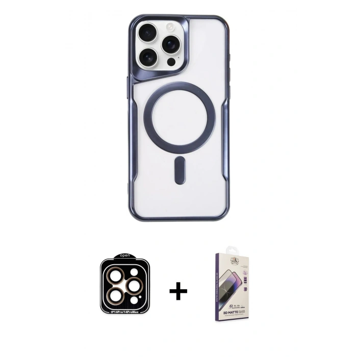 MARSİLYAN™- iPhone 14 Pro Max Kılıf Yadigar Klasik Özel Seri - Siyah Bilvis 3D Mat Cam Ekran Koruyucu + PVD Metal Kamera Lens - TU