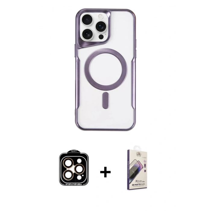 MARSİLYAN™- iPhone 14 Pro Max Kılıf Yadigar Klasik Özel Seri - Siyah Bilvis 3D Mat Cam Ekran Koruyucu + PVD Metal Kamera Lens - TU