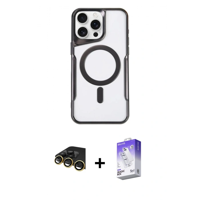 MARSİLYAN™- iPhone 14 Pro Max Kılıf Yadigar Klasik Özel Seri - Siyah Bilvis 5in1 3D Magic Cam Ekran Koruyucu + Raze Metal Kamera Lens - GD