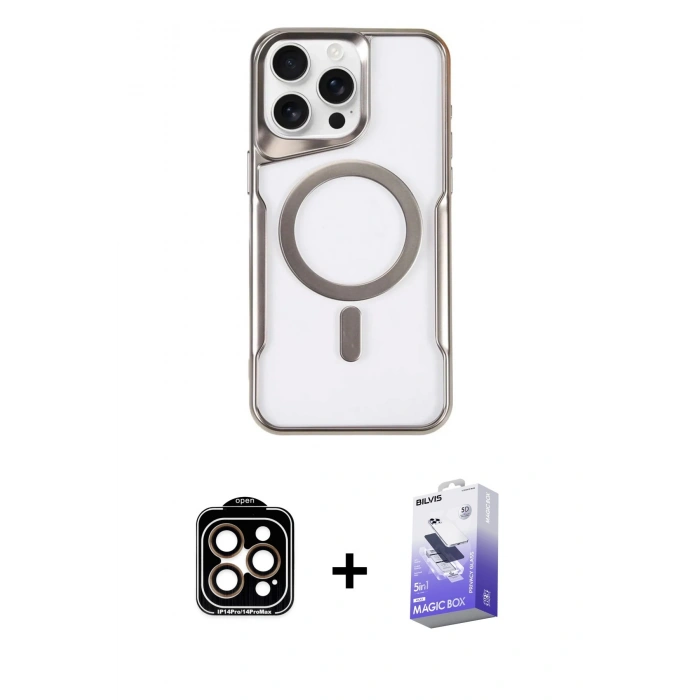 MARSİLYAN™- iPhone 14 Pro Max Kılıf Yadigar Klasik Özel Seri - Siyah Bilvis 5in1 5D Magic Hayalet Cam Ekran Koruyucu + Turuncu PVD Metal Kamera Lens