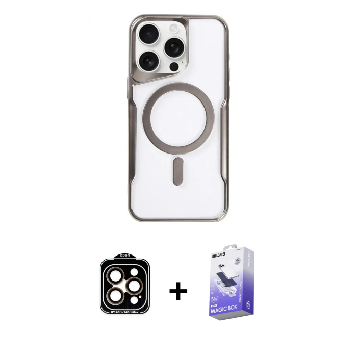 MARSİLYAN™- iPhone 14 Pro Max Kılıf Yadigar Klasik Özel Seri - Siyah Bilvis 5in1 5D Magic Hayalet Cam Ekran Koruyucu + Turuncu PVD Metal Kamera Lens