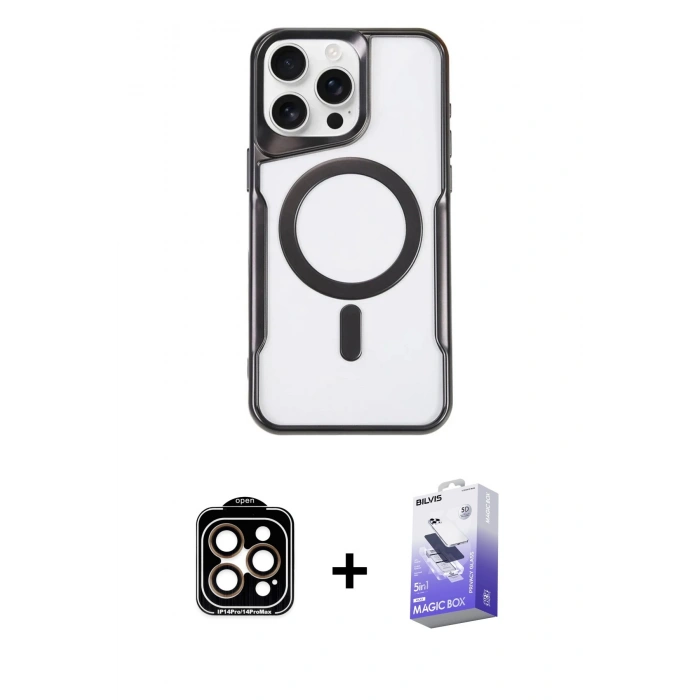 MARSİLYAN™- iPhone 14 Pro Max Kılıf Yadigar Klasik Özel Seri - Siyah Bilvis 5in1 5D Magic Hayalet Cam Ekran Koruyucu + Turuncu PVD Metal Kamera Lens