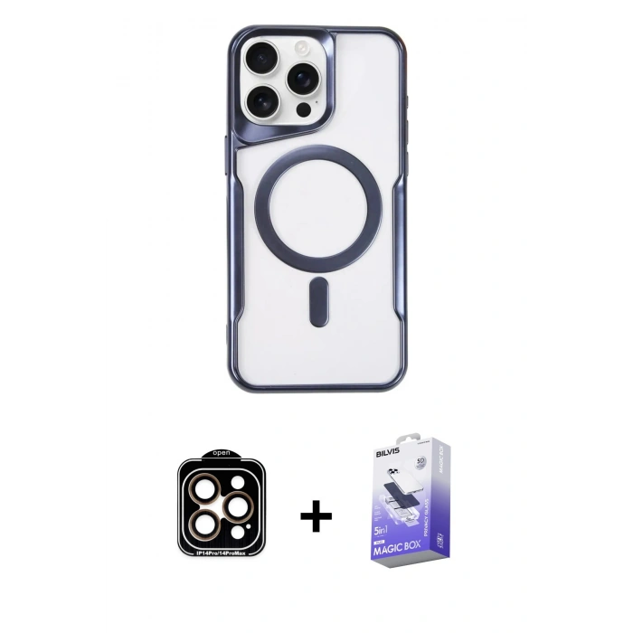 MARSİLYAN™- iPhone 14 Pro Max Kılıf Yadigar Klasik Özel Seri - Siyah Bilvis 5in1 5D Magic Hayalet Cam Ekran Koruyucu + Turuncu PVD Metal Kamera Lens