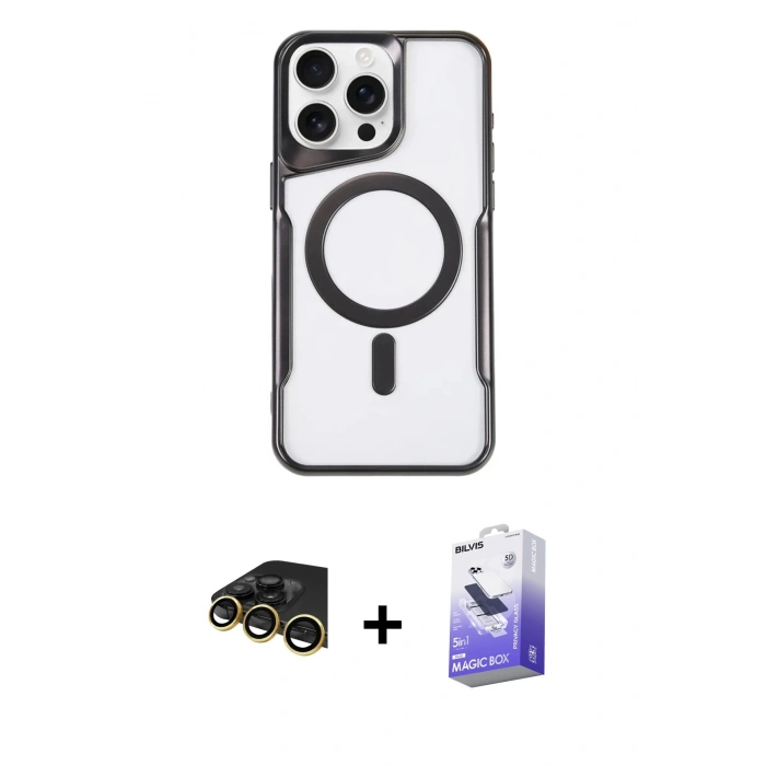 MARSİLYAN™- iPhone 14 Pro Max Kılıf Yadigar Klasik Özel Seri - Siyah Bilvis 5in1 5D Magic Hayalet Cam Ekran Koruyucu + Raze Metal Kamera Lens - GD
