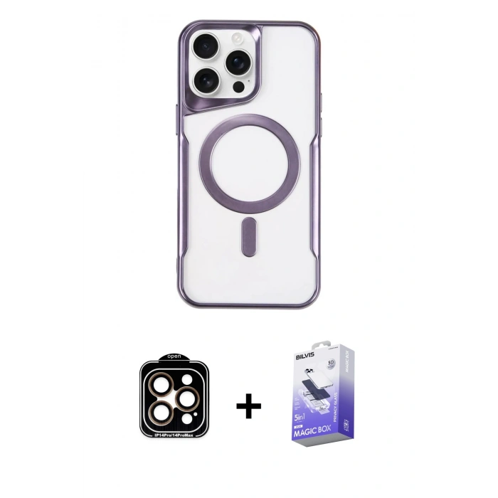 MARSİLYAN™- iPhone 14 Pro Max Kılıf Yadigar Klasik Özel Seri - Siyah Bilvis 5in1 5D Magic Hayalet Cam Ekran Koruyucu + Turuncu PVD Metal Kamera Lens