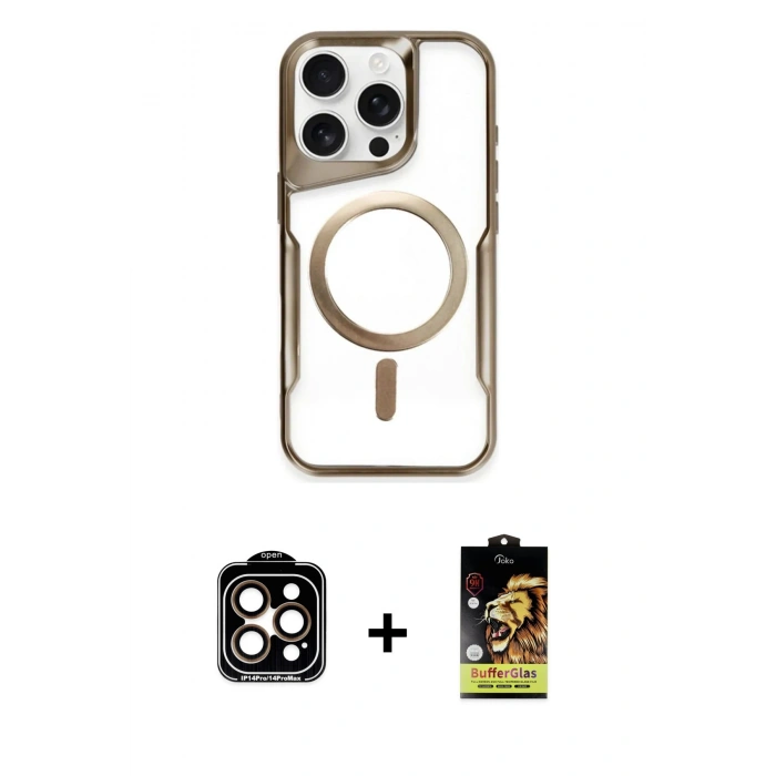 MARSİLYAN™- iPhone 14 Pro Max Kılıf Yadigar Klasik Özel Seri - Siyah Buffer Cam Ekran Koruyucu + PVD Metal Kamera Lens - TU