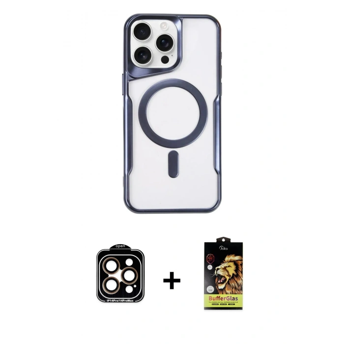 MARSİLYAN™- iPhone 14 Pro Max Kılıf Yadigar Klasik Özel Seri - Siyah Buffer Cam Ekran Koruyucu + PVD Metal Kamera Lens - TU