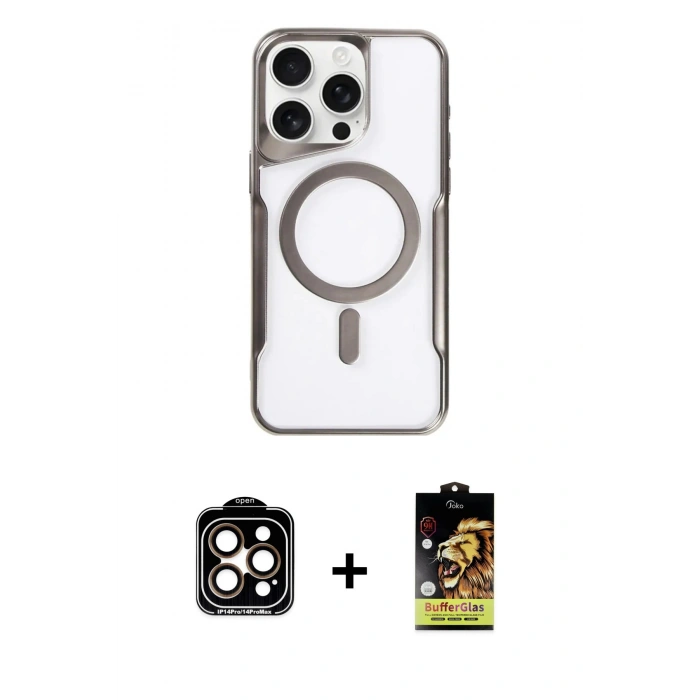 MARSİLYAN™- iPhone 14 Pro Max Kılıf Yadigar Klasik Özel Seri - Siyah Buffer Cam Ekran Koruyucu + PVD Metal Kamera Lens - TU