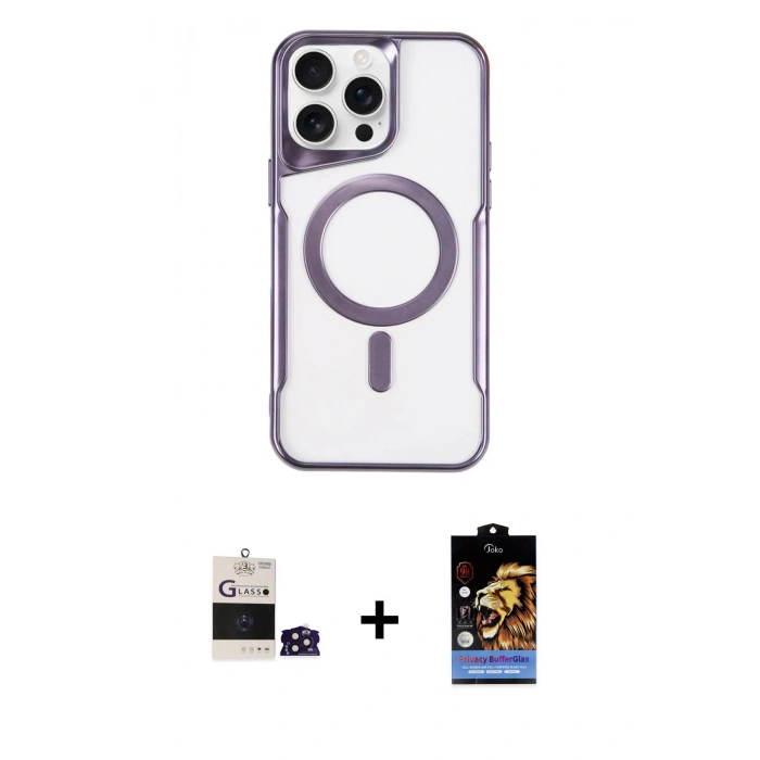 MARSİLYAN™- iPhone 14 Pro Max Kılıf Yadigar Klasik Özel Seri - Siyah Buffer Hayalet Cam Ekran Koruyucu + Derin Mor Bilvis Titan Kamera Lens